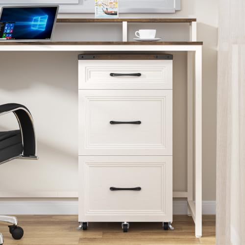 3 Drawers Farmhouse File Cabinet with Wheels for Home Office, Rustic White - color: White and Brown, size: Big 3 Drawers