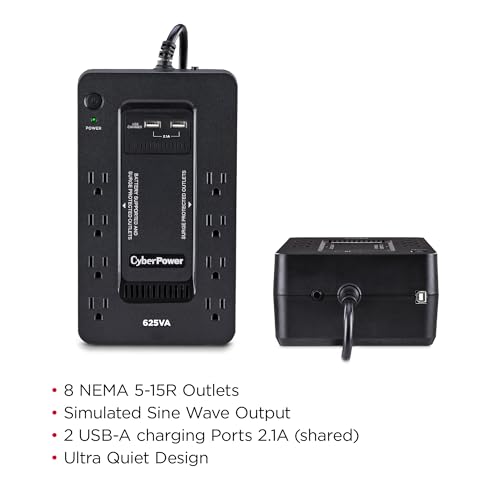 CyberPower ST625U Standby UPS Battery Backup and Surge Protector | 625VA/360W, 8 Outlets, 2 USB Charging Ports, Compact, UL Certified - size: 625VA, style: Compact