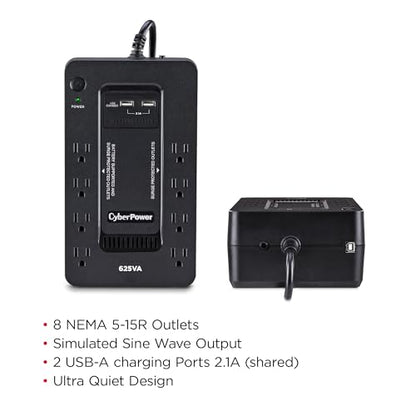 CyberPower ST625U Standby UPS Battery Backup and Surge Protector | 625VA/360W, 8 Outlets, 2 USB Charging Ports, Compact, UL Certified - size: 625VA, style: Compact