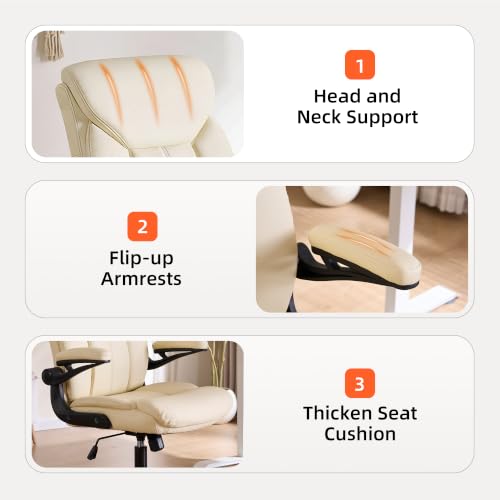 Ergonomic Home Office Chair PU Leather Comfy Computer Chair, Beige | Flip-up Armrest, Height Adjustable, Lumbar Support, 360° Swivel Wheels Managerial Executive Chairs for Work Gaming Home Use - color: Beige