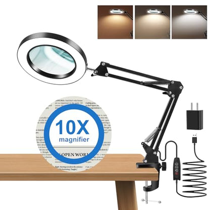 10X Magnifying Glass with Light and Clamp, Real Glass Lens, Adjustable Swing Arm, 3 Color Modes, Stepless Dimming LED Magnifying Lamp for Reading, Crafts, Soldering, Sewing & Close Work - style: Clamp【BASIC】