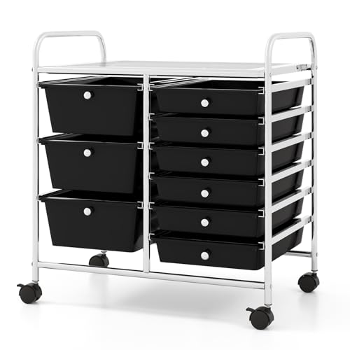COSTWAY Rolling Storage Cart with 9 Drawer, Utility Cart with Metal Frame | Mobile Art Supply Craft Organizer, Multipurpose Storage Organizer for Paper, Office, School Teacher, Classroom, Black - color: Black, size: 9 Drawer