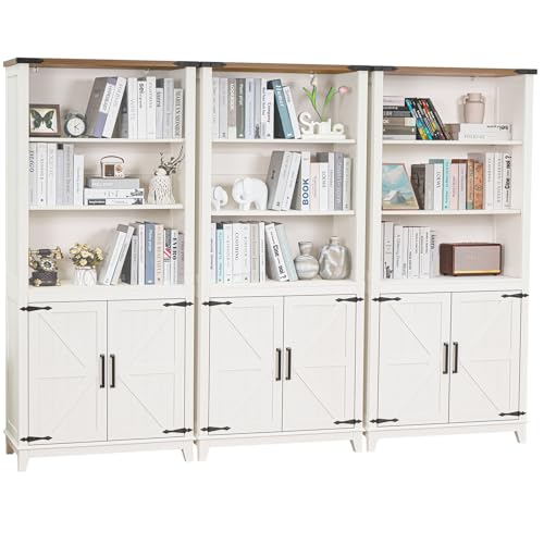 Joaxswe 70in Tall Bookshelf 5 Tier Bookcase with Barn Doors and Storage Cabinet, White Farmhouse Book Shelf with Adjustable Shelves, Wood Freestanding Display Bookshelves for Bedroom, Kitchen (3PCS) - color: White, size: 3 Piece