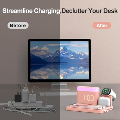 ANJANK 5 in 1 Wireless Charging Station with Alarm Clock,7 Night Light & 0-100% Dimmer,Qi Mag-Safe Charger Stand for Apple Devices - for iPhone 17 16 15 14 13 12 Pro Max Plus Air,Apple Watch,Airpods - color: Pink