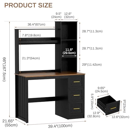 40” Home Office Desk with Hutch and Drawers, Black | Modern Computer Desk with Adjustable LED Light and Charging Station, Storage Shelves, Writing Table for Bedroom Study Room - color: Black+brown
