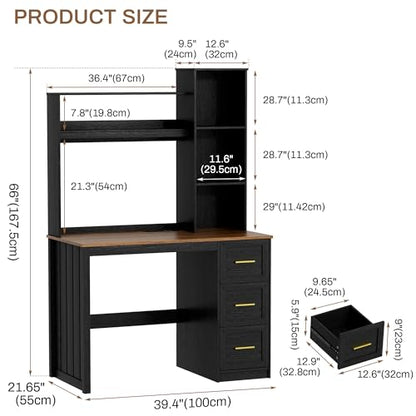 40” Home Office Desk with Hutch and Drawers, Black | Modern Computer Desk with Adjustable LED Light and Charging Station, Storage Shelves, Writing Table for Bedroom Study Room - color: Black+brown