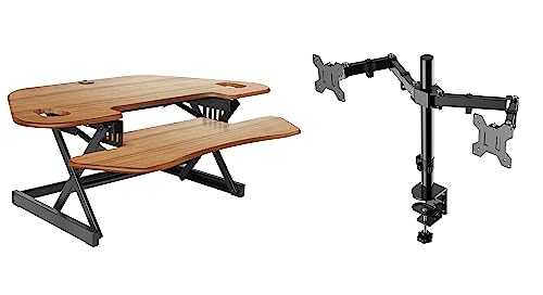 Rocelco 46" Height Adjustable Corner Standing Desk Converter with Dual Monitor Arm BUNDLE - Quick Sit Stand Up Computer Workstation Riser - Extra Large Keyboard Tray - Teak Wood Grain (R CADRT-46-DM2) - color: Teak/Black, style: Riser + Dual Mount