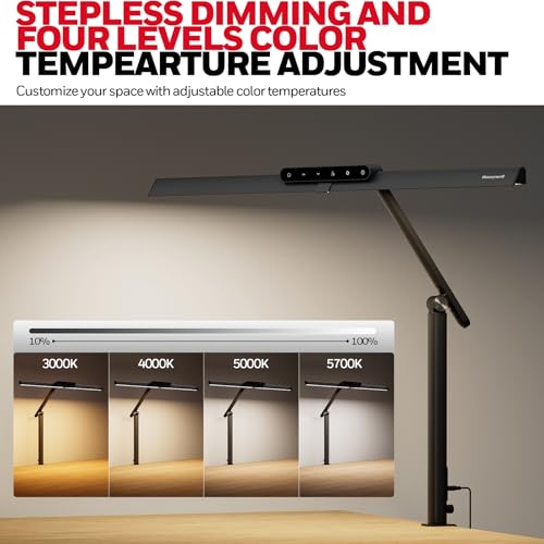 Honeywell HJ1 Sunturalux LED Clamp Desk Lamp 1200LM for Home Office | CRI≥97, 3000K-5700K, Low Blue Light, Flicker-Free, Dimmable Task Desk Light for Computer, Black - style: Black Clamp
