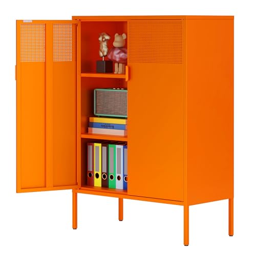 Ustamio Orange 3 Tier Metal Storage Cabinet with Legs, 2 Door Metal Locker Style Accent Storage Cabinet with 2 Adjustable Shelves for Home, Office, Entryway and Hallway - color: Orange, size: 47.2"H-Metal Doors