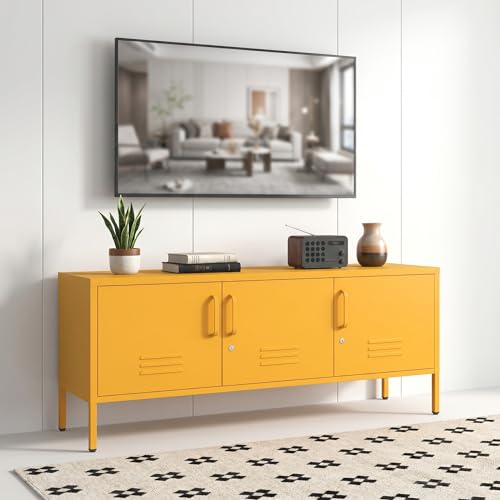 47" Wide Yellow Steel TV Cabinet with Lock Lockable Media Console Secure 3-Door TV Console with Built-in Adjustable Shelf Stylish Media Table for Home Size：22" H x 47.3" W x 13.8" D - color: Yellow, style: 22"H-TV-SM