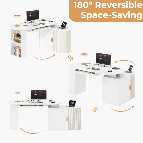 HSH 60 Inch L Shaped Computer Desk, Reversible L Desks with Storage Cabinet - color: White