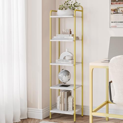 Hzuaneri Bookcase Bookshelf, Narrow Book Shelf, Industrial Corner Shelf - color: White Gold, size: 11.8"D x 13"W x 54"H