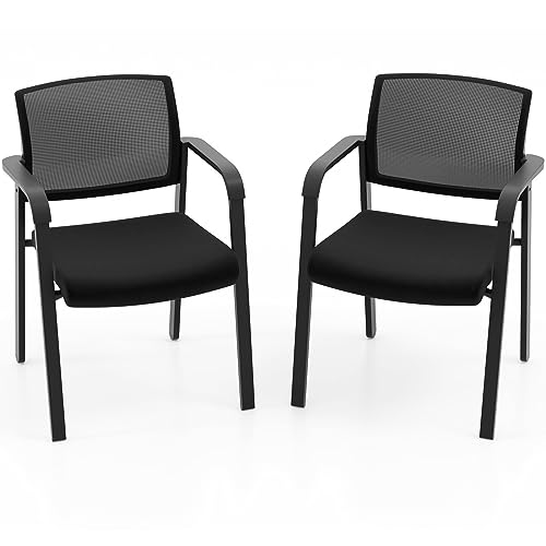 COSTWAY Stackable Office Guest Chairs Set of 2 with Armrests, No Wheels | Conference Room Chairs with Mesh Backrest and Upholstered Seat, Ergonomic Waiting Room Chairs for Office Home Reception Area - size: 2 Pack, style: No Wheels