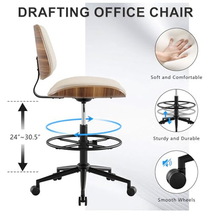 Drafting Chair with Adjustable Footrest, Rolling Walnut Stool, Beige - color: Beige