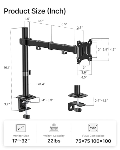 monTEK Extra-Long Monitor Arm for 17-32" Screens, 22 lbs | Articulating desk mount, extended reach, height adjustment, tilt, swivel, clamp/grommet bases and VESA 75/100 - size: Single Monitor
