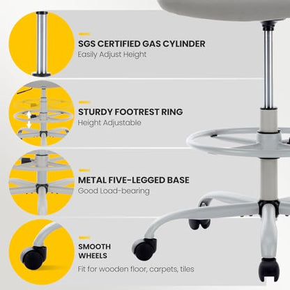 Sweetcrispy Tall Drafting Chair, High Office Desk Chair with Footrest | Comfy Lumbar Support, Counter Height Adjustable, Fixed Arms, 360° Computer Rolling Stool, Grey - color: Grey, size: 45 inches (H) x 23.62 inches (W) x 24.2 inches (L)