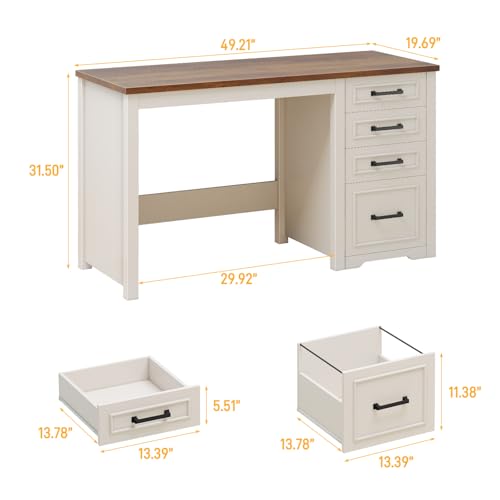 Vabches Farmhouse 49” Executive Desk with File Drawer, White Brown | 4 Drawers Reversible Computer Desk with Storage, Rustic Home Writing Workstation for Home Office - color: 49in White Brown