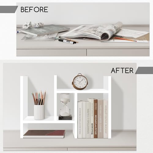 Jerry & Maggie Desktop Organizer Office Storage Rack Adjustable Wood Display Shelf Free Style Double H, Multi-Functional Mini Bookshelf for Desk Natural Stand (White) - color: White
