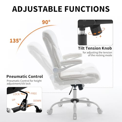 Ergonomic Home Office Chair Fabric Comfy Computer Chair, White | Flip-up Armrest, Height Adjustable, Lumbar Support, 360° Swivel Wheels Managerial Executive Chairs for Work Gaming Home Use - color: White