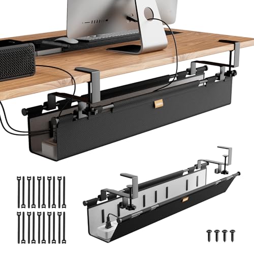 No Drill Thickened Under Desk Cable Management Tray,38.5In,Black | Upgraded Double-Layer Extra Thick Standing Desk Wire Management,Cord Organizer with Clamp/Screw Mount,for Office,Home - color: Black