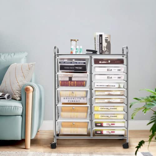 COSTWAY 15 Drawer Rolling Storage Cart, Mobile Utility Cart with Lockable Wheels, Drawers, Multipurpose Organizer Cart for Home, Office, School, Clear - color: Clear