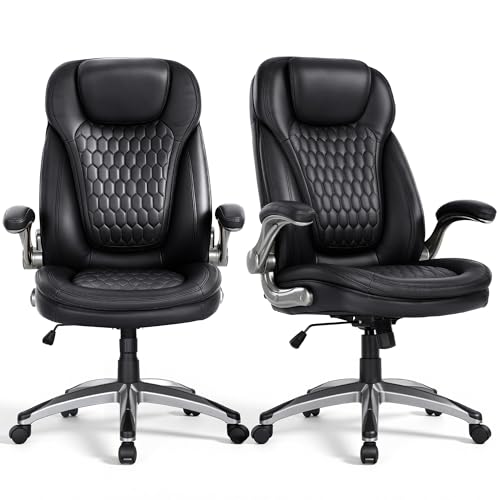 COLAMY High Back Executive Office Chairs, Ergonomic PU Leather Desk Chairs with Flip-Up Armrests, Adjustable Height, Lumbar Support, Comfortable Computer Chairs for Home Office, Set of 2 - color: Black, size: set of 2
