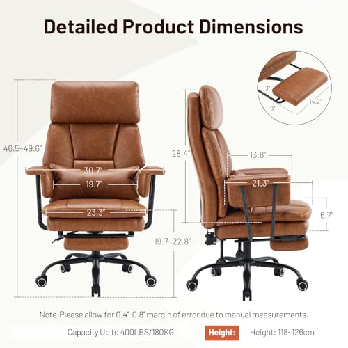 Big and Tall Office Chair, PU Leather High Back Executive Office Chair with Adjustable Lumbar Support, Gaming Chair with Padded Arm and Pillow, Height Adjustment, Footrest, Brown - color: Brown-1
