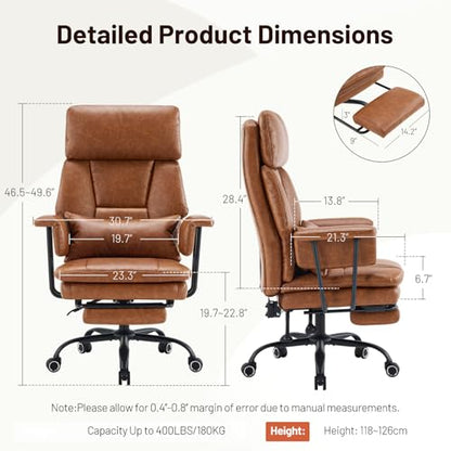 Big and Tall Office Chair, PU Leather High Back Executive Office Chair with Adjustable Lumbar Support, Gaming Chair with Padded Arm and Pillow, Height Adjustment, Footrest, Brown - color: Brown-1