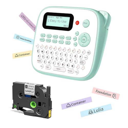 D210S Label Maker Machine with Tape for Kids School Supplies, Green | Handheld Desktop Labeler Waterproof-Labels-12mm 0.47 Laminated White, Multiple Symbols for Home Office Classroom Teachers - color: Green