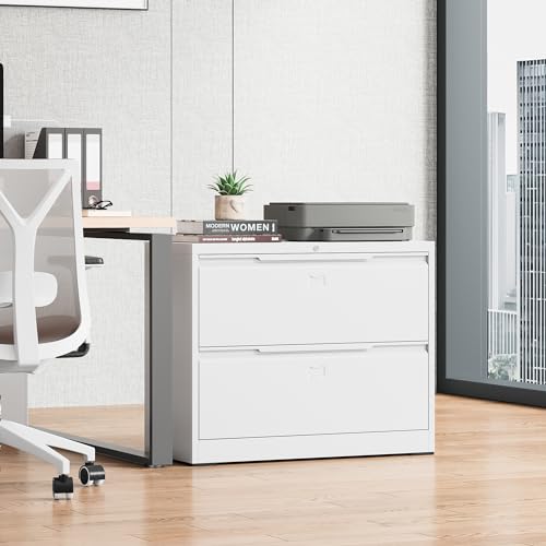 Bestoo 2 Drawer File Cabinet, Metal Lateral Filing Cabinet with Lock - color: White, size: 2 Drawer 15.7" D x 35.4" W x 28" H
