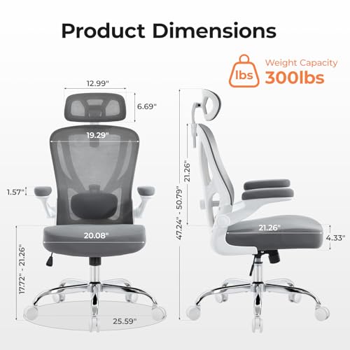 Ergonomic Office Chair, Mesh Office Desk Chair, Grey, 1 Pack | Lumbar Support, Head Support, Rocking Function, Flip-up Armrests, Mesh High Back, Suitable for Home, Office - color: Grey