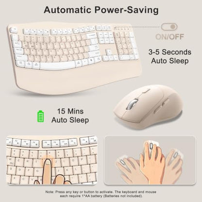 Wireless Keyboard and Mouse Combo, 2.4G Ergonomic Wave Keys (Latte-A) - color: Latte-A