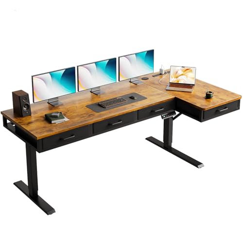 63 Inch L Shaped Electric Standing Desk with 4 Drawers, Rustic Brown | Reversible Corner Table, Office Desk With 4 Drawers and Outlets For Home Office, Computer Workstation And Sit Stand Use - color: Rustic Brown, size: 63 Inch
