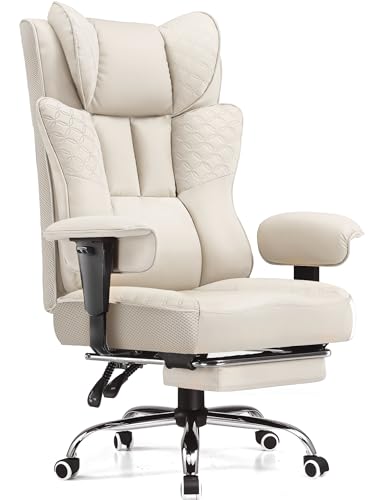 GTPLAYER Big and Tall Office Chair Wide Ergonomic Gaming Chair with Deluxe Embossing Designed Leather with Foot Rest,150°Reclining Adjustable Soft Armrests Pocket Spring Back Support and Pillow - color: Pu-beige