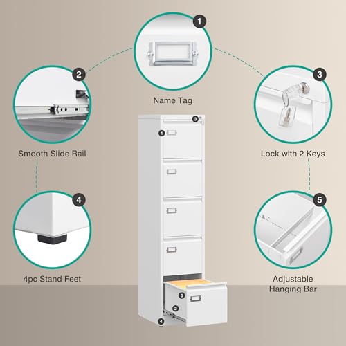 SISESOL 5 Drawer File Cabinet with Lock,White Narrow Vertical File Cabinet Five Drawer,Tall Office Filing Cabinets,Metal Filing Cabinets for Home Office,Fit A4,Legal,Letter Size,-Assembly Required - color: White, style: 5 Drawer