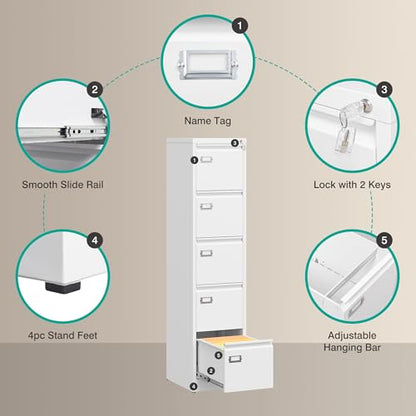 SISESOL 5 Drawer File Cabinet with Lock,White Narrow Vertical File Cabinet Five Drawer,Tall Office Filing Cabinets,Metal Filing Cabinets for Home Office,Fit A4,Legal,Letter Size,-Assembly Required - color: White, style: 5 Drawer