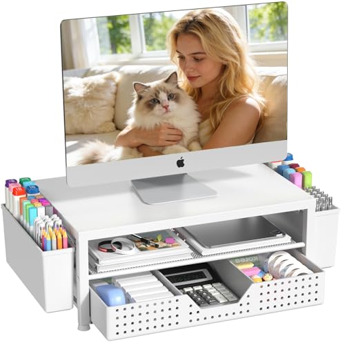 Desk Organizers and Accessories, Computer Monitor Stand Riser with Drawer and 2 Pen Holders, Printer & Laptop Stand, Office Desk Accessories & Workspace Organizers for Home Office Supplies, White - color: White