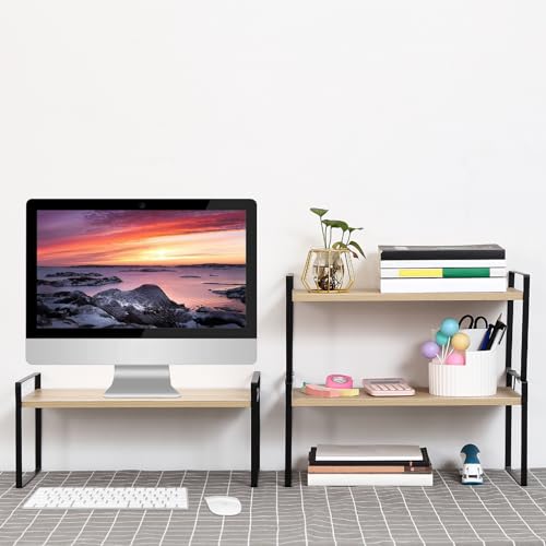 YGYQZ Desk Shelf Organizer for Top of Desk, 3-Tier Desktop Bookshelf, Black & Wood - color: 3-tier Black/Wood