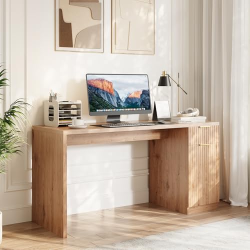 Garvee Executive Desk with Drawer and Power Outlet, 61" Large Farmhouse Computer Desk Home Office Wood Executive Desk with Adjustable Shelf for Work Study Writing, Oak - color: Oak