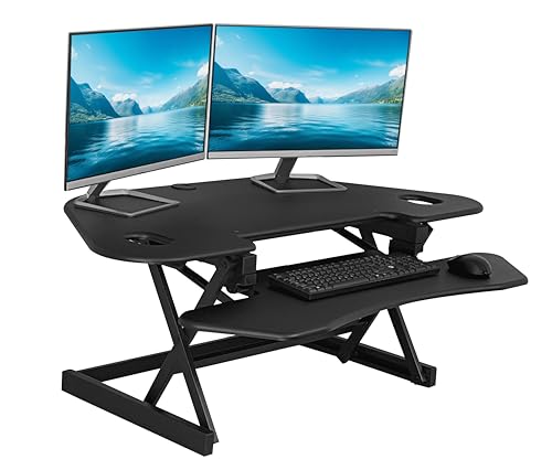 Rocelco 46" Height Adjustable Corner Standing Desk Converter with AC Outlet and USB Charger - Sit Stand Up Dual Monitor Tabletop Riser Workstation - Large Keyboard Tray - Black (R CADRB-46-ACUSB) - color: Black+acusb, style: Riser Only