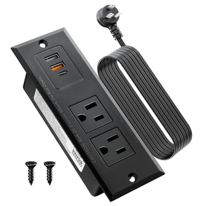 Recessed Power Strip with 20W USB C Port, Fast Charging USB A Port Conference Recessed Outlet, Space-Saver for Furniture Side Table, End Table, Desk Outlet with 6ft Cord, 45° Thin Flat Plug, Black