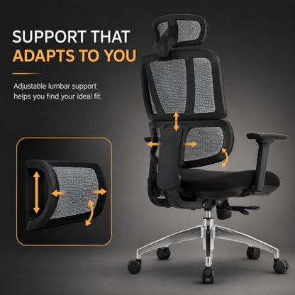SUNLINE Elevate Office Chair - Ergonomic & Adjustable Lumbar Support System with Aluminum Base - 4D Curved Mesh Headrest & 3D Armrest Chair, Tilt Control - color: Black - Back Support