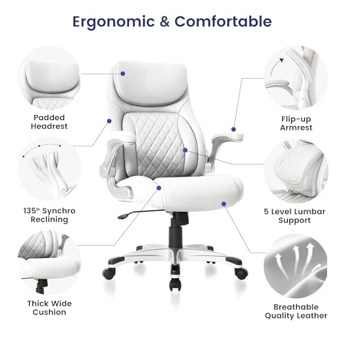 Nouhaus Ergonomic Office Chair Premium Leather Adjustable Lumbar Support & Armrests, High Back Comfy Desk Gaming Chairs Executive Computer Swivel Chair Tilt Function(Posture,White) - color: White