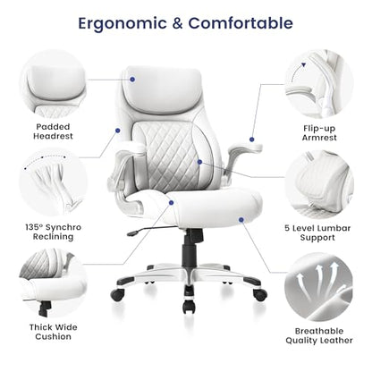 Nouhaus Ergonomic Office Chair Premium Leather Adjustable Lumbar Support & Armrests, High Back Comfy Desk Gaming Chairs Executive Computer Swivel Chair Tilt Function(Posture,White) - color: White
