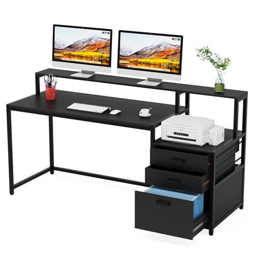 Tribesigns 63 Inch Computer Desk with File Drawer Cabinet, Home Office Desk - color: Black