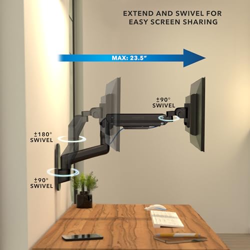 Mount-It! Heavy-Duty Wall Mount Arm for 49" Curved Monitors | Gas spring full motion arm, 23.5" reach, holds 44 lbs, VESA 75/100, single-stud install.