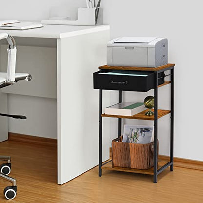 BTY Printer Stand with Storage 3 Tier Home Printer Table with Drawers Multifunctional Under Desk Printer Shelf Holder Industrial End Table Nightstand for Fax Machine Scanner Files Brown
