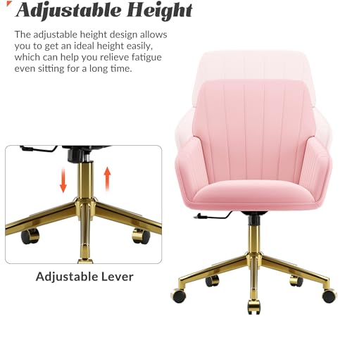 YITAI Velvet Office Desk Armchairs with Gold Base and Wheels,Modern Height Adjustable 360 Degree Swivel Upholstered Vanity Chairs for Living/Room Bedroom/Study,Pink - color: Gold Pink