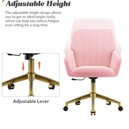 YITAI Velvet Office Desk Armchairs with Gold Base and Wheels,Modern Height Adjustable 360 Degree Swivel Upholstered Vanity Chairs for Living/Room Bedroom/Study,Pink - color: Gold Pink
