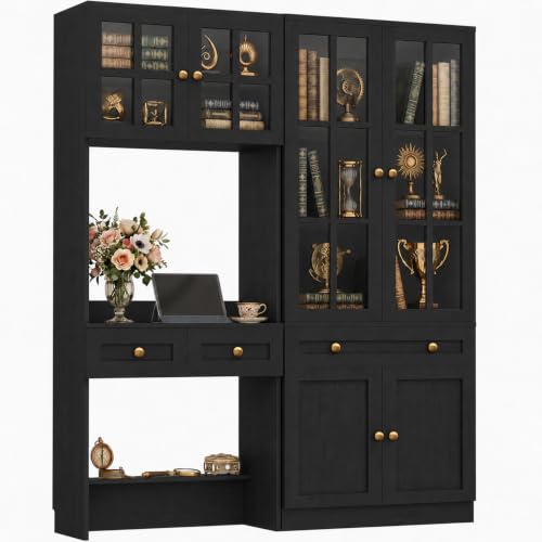 Besiost Farmhouse Desk with Bookcase, Computer Desk with Glass Hutch & Drawers, Writing Desk with Storage Display Cabinet for Home Office/Kitchen Pantry/Bedroom, Black (55.2" L × 11.8” D × 80" H) - color: Black, size: 55.2"